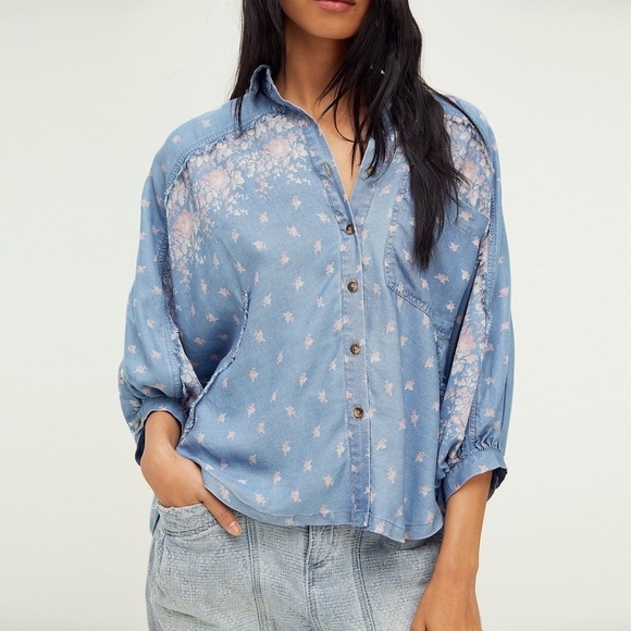 NWT - Free People - Joelle Printed Button Top - Chambray Combo - Picture 1 of 12